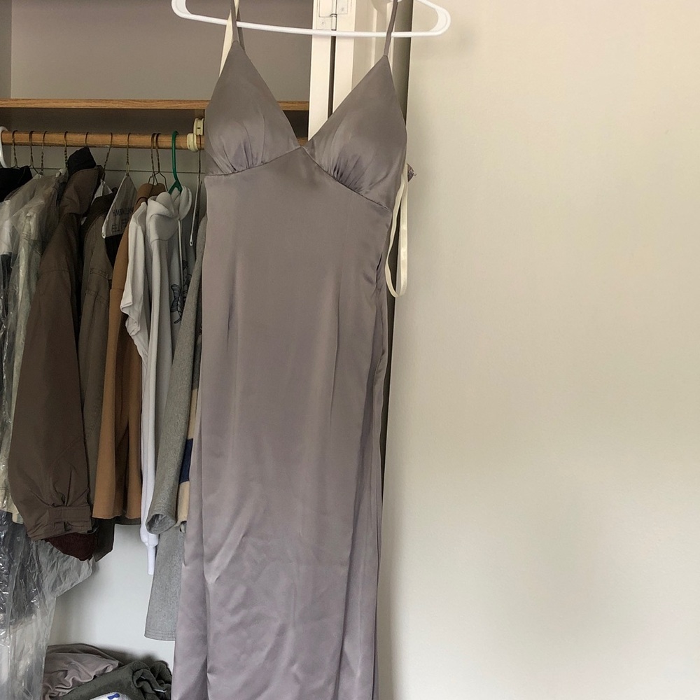 Jovani Silver-Gray Satin Maxi Dress